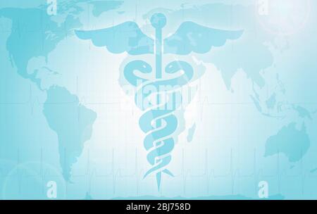 Global health symbol displayed against a light blue world map highlighting medical significance and international care Stock Photo