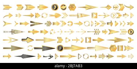 Golden arrow set. Different gold directional icons, vector illustration collection for web design, mobile apps, interface and other design. Stock Vector