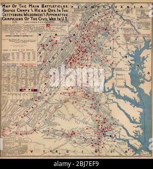 Map of the main battlefields, routes, camps and head qrs., in the Gettysburg, Wilderness and Appomattox campaigns of the Civil War in U.S. Stock Photo