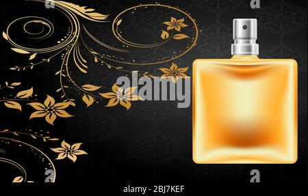 mock up illustration of male perfume on abstract gold background Stock Vector