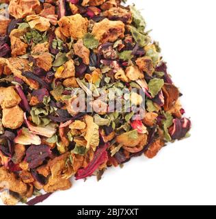 Mix of dry tea, fruits and flower petals, isolated on white Stock Photo