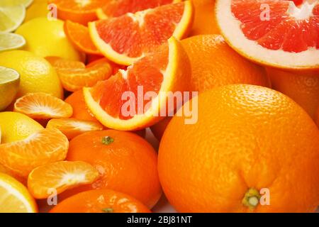 Colorful mixed citrus fruit sorted and lined up in rows with slices and halves, close up Stock Photo