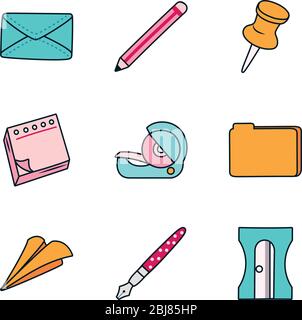 paper plane and stationary icon set over white background, line and fill style, vector illustration Stock Vector