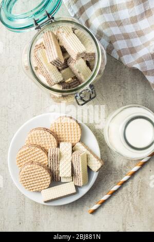 Sweet wafer biscuits on plate. Top view. Stock Photo