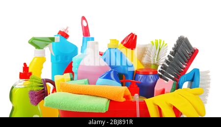 Basin of cleaning supplies on the floor Stock Photo