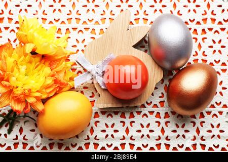 Easter eggs and flower composition, top view Stock Photo