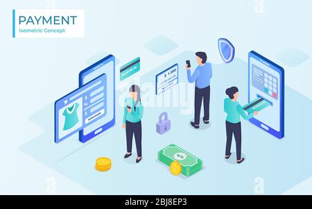 Flat isometric vector concept of receipt, online payment, money transfer, mobile wallet. Stock Photo