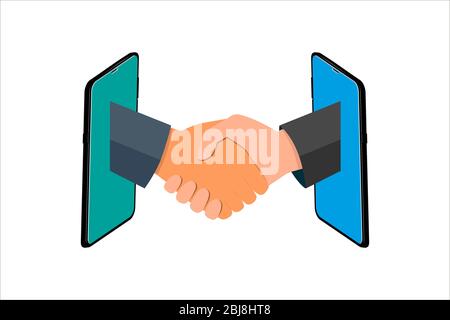Business handshake vector illustration flat style. Online Communication, two business man handshake on mobile Stock Vector
