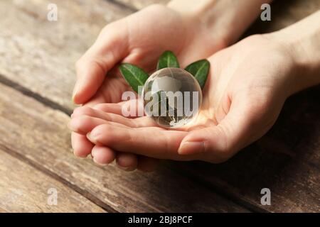 Female hands holding small glass globe on wooden table closeup Stock Photo
