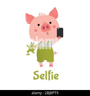 Vector Pink Piggy boy with a green frog makes selfie.  Stock Vector