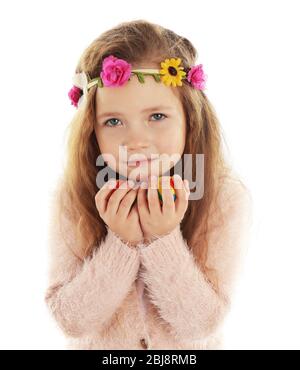 Little girl holding Easter eggs isolated on white Stock Photo