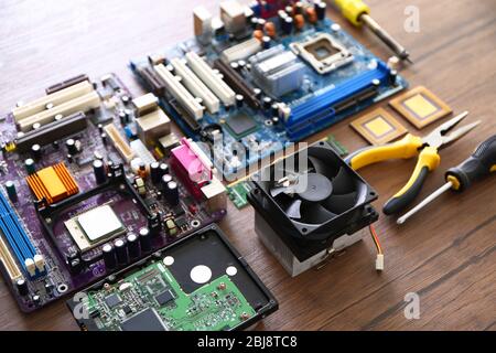 Electronic circuits on wooden background Stock Photo