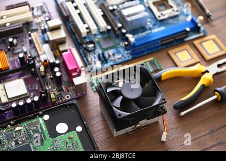 Electronic circuits on wooden background Stock Photo