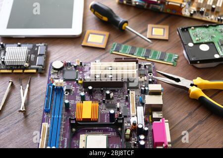 Electronic circuits on wooden background Stock Photo