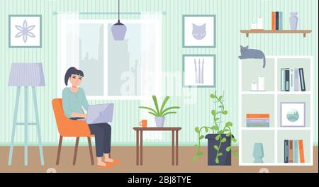 Yong woman sitting on armchair with laptop. Cozy interior. Home office, Working at home, freelance, remote work concept. Stock vector illustration in Stock Vector