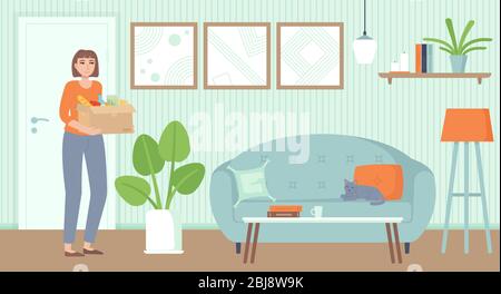Girl unboxing food package. Contactless delivery, Online ordering concept. Stock vector illustration in flat cartoon style. Stock Vector