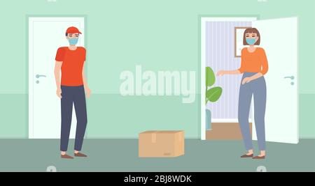 Safe contactless food delivery. Courier in mask bring package. Girl standing behind open door. Distance during quarantine. Online ordering, delivery Stock Vector