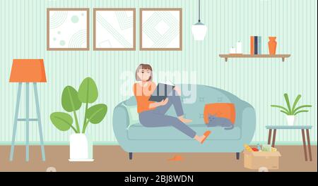 Home entertainment, isolation period, relax concept. Cozy interior living room with a cat. Girl on sofa reading a book. Stock vector illustration in Stock Vector