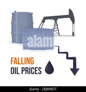 Oil container with arrow shaped spilled petrol. Oil derrick. Falling oil prices, economy crisis concept. Stock vector llustration isolated on white Stock Vector