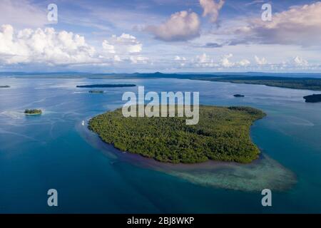 Aerial View of Islands of Balgai Bay, New Ireland, Papua New Guinea Stock Photo