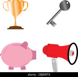 Business success concept elements, key award cup, piggy bank and bullhorn set Stock Vector