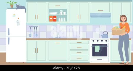 Delivery service, covid 19 isolation concept. Woman as a client holding food package from grocery shop in kitchen. Cozy interior with fridge, stove Stock Vector