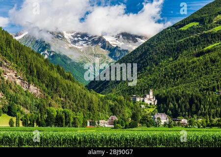 Castle of Tures and peaks of Selva dei Molini. Dream South Tyrol. Roma refuge. Italy. Stock Photo