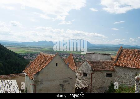 Houses from the triangular tower, Rasnov Citadel, Brasov, Romania Stock Photo