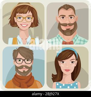 Set of four male and female young characters. Stock Vector