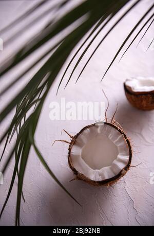 Two halves of broken fresh coconut in its hairy brown shells and unfocused green palm leaf on white textured table surface. Selective focus. Vertical Stock Photo