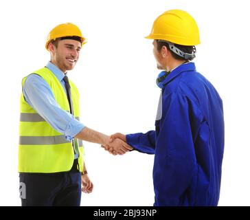 Two engineers shaking hands  isolated on white Stock Photo