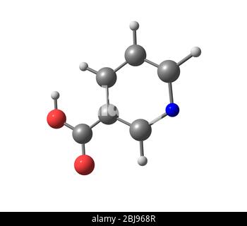 Niacin (B3 or nicotinic acid) is an organic compound with the formula C6H5NO2. Stock Photo