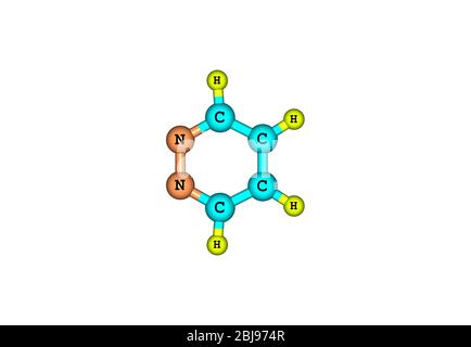 Pyridazine is a heterocyclic organic compound with the molecular formula (CH)4N2. It contains a six-membered ring with two adjacent nitrogen atoms. Stock Photo