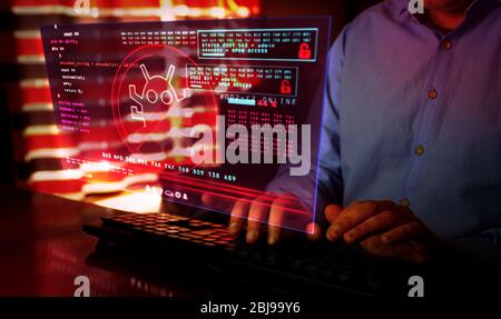 Virus detected alert. Camera moves around hud display and man typing keyboard. Cyber security breach warning with worm symbol on screen. System protec Stock Photo
