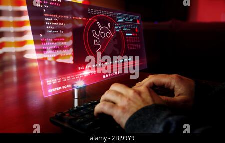 Virus detected alert. Camera moves around hud display and man typing keyboard. Cyber security breach warning with worm symbol on screen. System protec Stock Photo