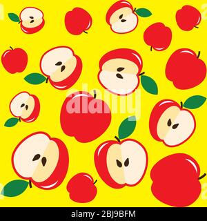 Red apples and core on yellow seamless background Stock Vector