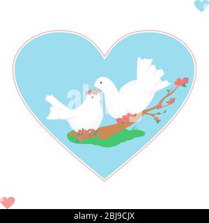 Cartoon couple of white doves in love on blooming branch in heart shape frame. Template for greeting card or wedding invitation. Stock Vector
