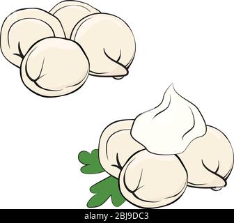pelmeni or dumplings in cartoon style. Meat dumplings with parsley and sour cream. Cooking. National dish with dough and meat. Vector black outline il Stock Vector