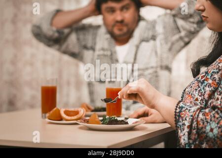 Body Positive Man And Woman Set To Eat Healthy Food Stock Photo