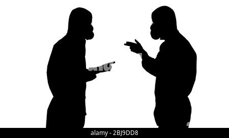 Silhouette Doctors or scientists in hazamat suits meet and shake hands. Stock Photo