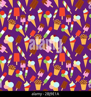 seamless background with ice cream on violet. texture for textile and gift paper with popsicle and ice cream cones Stock Vector