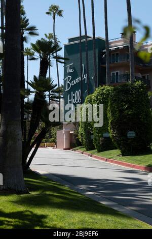 Beverly Hills, CA/USA - April 16, 2020: The famous Beverly Hills Hotel is deserted during the COVID-19 quarantine Stock Photo