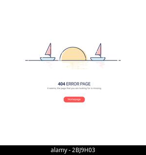 A 404 error page shows the sun sets between two ships formed the number 404 Stock Vector