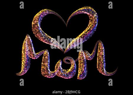 Happy Mothers Day i love mom lettering with heart made by colorful particles isolated on black background Stock Photo