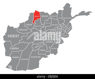 Jowzjan red highlighted in map of Afghanistan Stock Vector