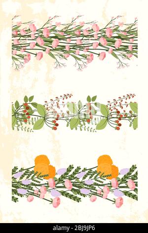 Floral seamless border for textile, tape, paper, fabric design. Ornamental plant. Elegant green flower illustration. Stock Vector
