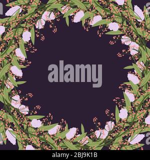 Frame with lilac bunch, sakura, green leaves branch and fern. Spring, summer greeting card, invitation template. Vector vintage decorative element. Stock Vector