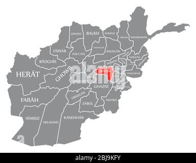 Wardak red highlighted in map of Afghanistan Stock Vector