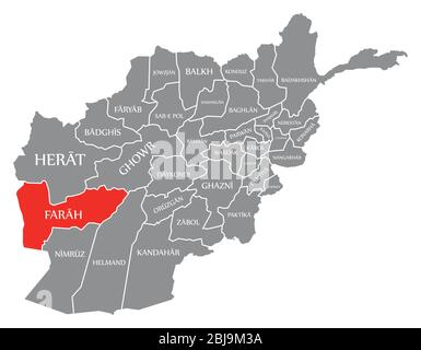 Farah red highlighted in map of Afghanistan Stock Vector
