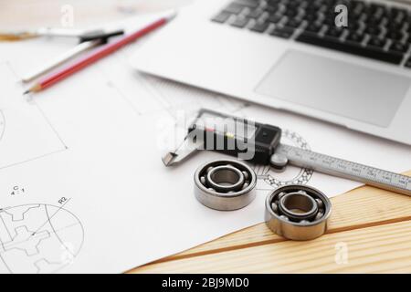 Engineering drawings of parts with tools closeup Stock Photo